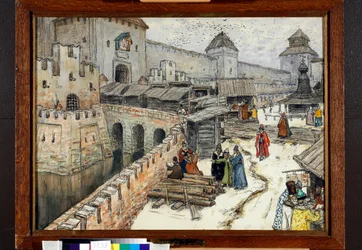 Moscou au 17ème siècle, bouquinistes sur le pont du Christ Sauveur
