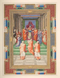 Une cérémonie papale, Paul IV devant le trône papal, Add. MS 35254 Q, vers 1555-59