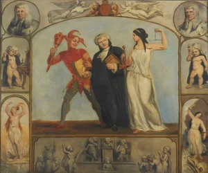 peinture ; huile sur toile - Portrait de Renton Nicholson avec scènes et figures allégoriques