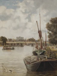 Le pont actuel de Hammersmith en construction montrant le pont temporaire, 1886