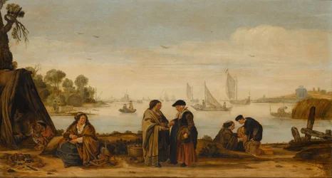 Paysage fluvial avec femmes lisant les lignes de la main