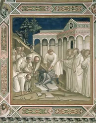 La pierre lourde (détail) de la vie de Saint Benoît (c.480-c.550), dans la sacristie, 1387