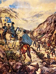Le général José de San Martin, également connu sous le nom de Libérateur du Sud, traverse les Andes avec son armée en direction du Pérou.