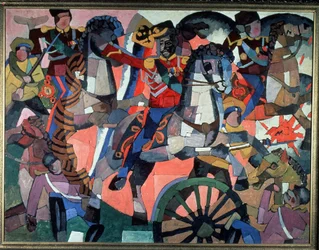 Bataille de la victoire. Scène de bataille, expressive et colorée, soldats armés, cavaliers en train de charger, roue de canon et explosions et des soldats tombés. Peinture de Aristarkh Vasilyevich Lentulov
