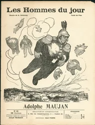 Couverture de "Les Hommes du jour", ca. 1905 - Illustration par Aristide Delannoy (1874-1911) : Ballons de baudruche - Clemenceau George, Jaurès Jean, Fallières Armand (1841-1931), Maujan Adolphe (1853-1914)