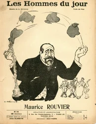 Couverture de "Les Hommes du jour", vers 1906 - Illustration par Aristide Delannoy (1874-1911) : Argent - Rouvier Maurice (1842-1911) - Jonglerie