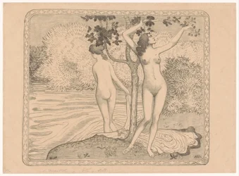 Deux baigneuses nues sous un arbre au bord de l