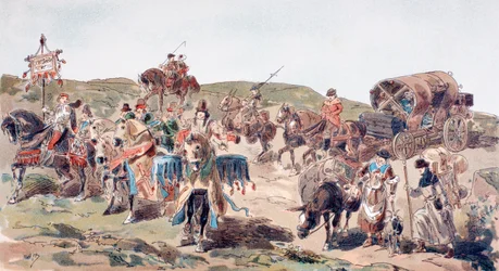 Un chariot voyageant avec escorte au 15ème siècle, 1886