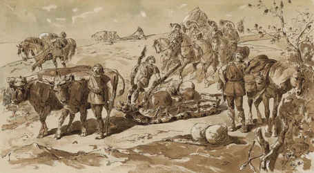 Traîneau tiré par des bœufs et chevaux de bât à l