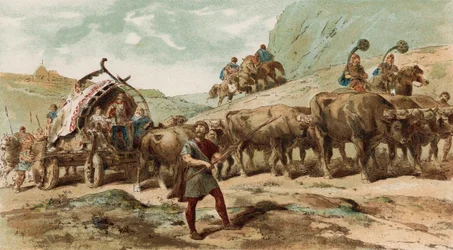 Chariot tiré par des bœufs et escorte de la tribu des Nerviens du nord de la Gaule