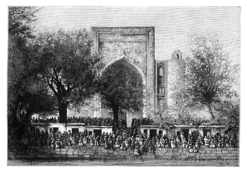 Une assemblée devant la mosquée de Boukhara, Ouzbékistan, 1895