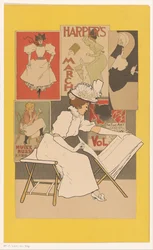 Femme assise regardant des estampes dans un porte-estampes