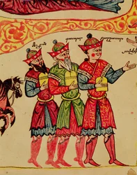 Ms 404 f.1v Les Trois Mages, (détail) de la Nativité, 12ème-13ème siècle