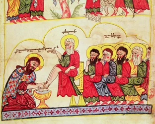 Ms 404 fol.7v Le Christ lavant les pieds des disciples, 12e-13e siècle