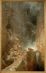 Un dragon dans une gorge rocheuse - A dragon in a rocky gorge ... (painting on canvas)