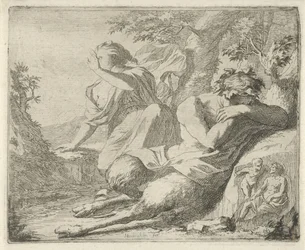 Satyre et figure féminine se couvrant les yeux contre la lumière du soleil Scène d