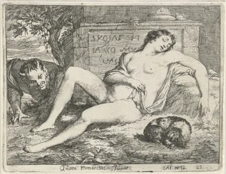 Nymphe endormie avec un chien espionnée par un satyre