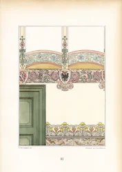 Décoration intérieure Art nouveau avec frises murales ornementales et armoiries (litho)