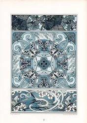 Motifs ornementaux bleus et blancs avec papillons et oiseaux (litho)