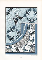 Papillons et papillons de nuit dans un motif floral bleu-blanc (litho)