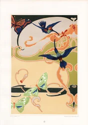 Motif décoratif Art Nouveau avec colibris et papillons (litho)
