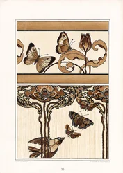 Bandes ornementales florales avec papillons et tulipes (litho)