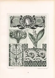 Ornementation de muguet avec médaillon de portrait féminin (litho)