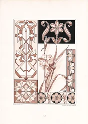 Motifs de narcisses et ornements géométriques dans des tons rosés (lithographie)