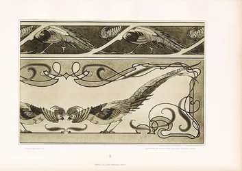 Bordures ornementales avec faisans stylisés et ornements linéaires (litho)