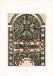 Arche de fenêtre ornementale avec tournesols et tulipes (litho)