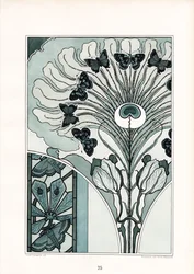 Ornement en plume de paon avec papillons et tulipes