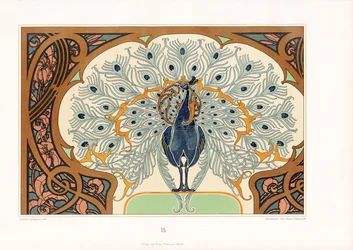 Paon dans un encadrement ornemental avec décor Art nouveau