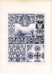 Motifs de coquelicots et ornements géométriques dans les tons bleus (lithographie)