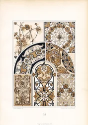 Motifs floraux stylisés dans des tons or-brun (lithographie)