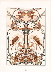 Ornement symétrique Art Nouveau avec libellules, hérons et créatures mythiques (litho)
