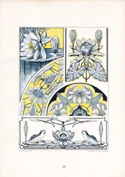 Motifs de nénuphars dans une composition bleu-jaune (lithographie)