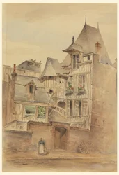 Dessin, scène de rue avec des maisons médiévales, vers 1885