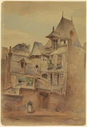Dessin, scène de rue avec des maisons médiévales, vers 1885