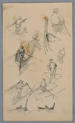 Croquis de figures sur des bateaux