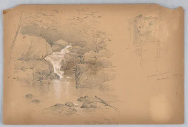 Deux esquisses, corbeau et cascade