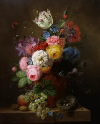 Nature morte de roses, pavot, azalees et tulipes. Peinture de Arnoldus Bloemers (1786-1844). Collection privee.