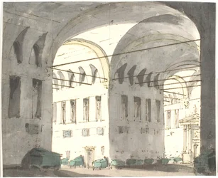 Intérieur avec grandes arches et lits