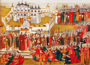 Une foule au monastère Hypatian implorant la mère de Mikhaïl Romanov de le laisser aller à Moscou et devenir