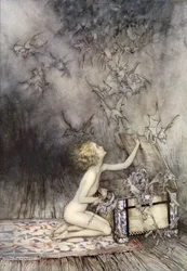Ouverture de la boîte de Pandore, scène de Un Livre Merveilleux, par Nathaniel Hawthorne (lithographie en couleur)