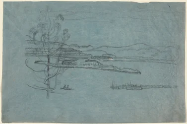 Paysage avec quai et deux bateaux