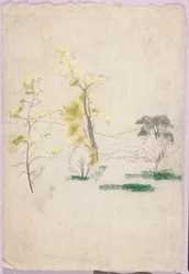Paysage avec trois arbres seuls du livre de A.B. Davies, édition 33, 50