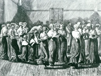 Shakers à une réunion : la danse religieuse, illustration de The Graphic, publiée le 14 mai 1870