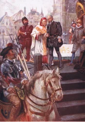 Au centre de la place, un échafaud avait été érigé, illustration de Romance of History: The Netherlands, années 1920