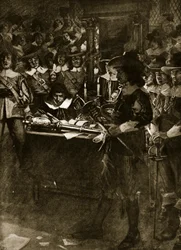 Strafford remettant son épée à la Chambre des communes, illustration tirée de « Story of the British Nation » de Hutchinson, vers 1920