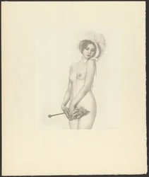 [Nu féminin portant un bonnet et tenant une ombrelle]